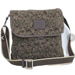 COACH Heritage Web Green Brown Canvas Logo Leather Messenger Bag #F70627 Y2K